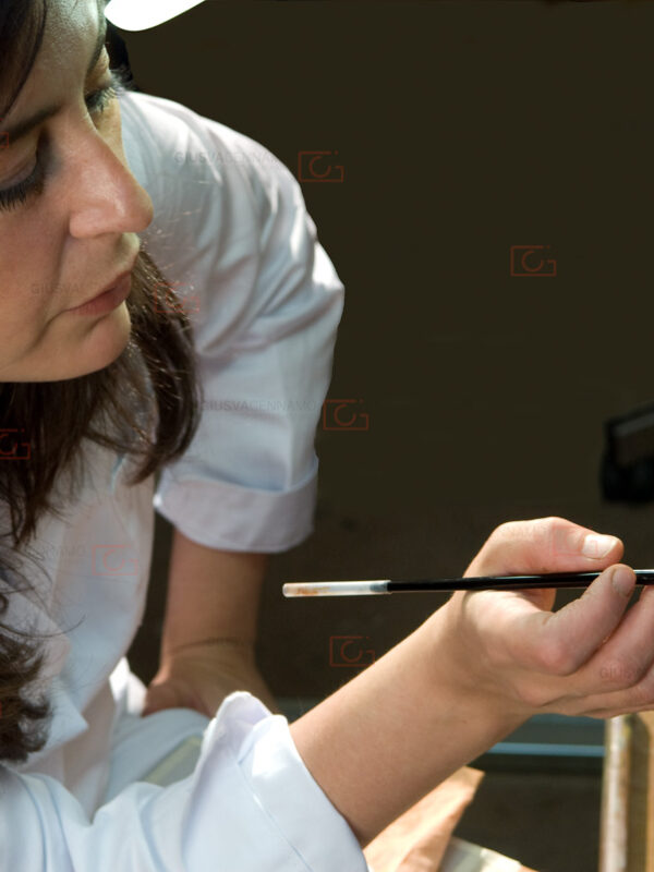 Ritratto di profilo a restauratrice professionista con capelli lunghi, intenta ad operare su di una tela dipinta.